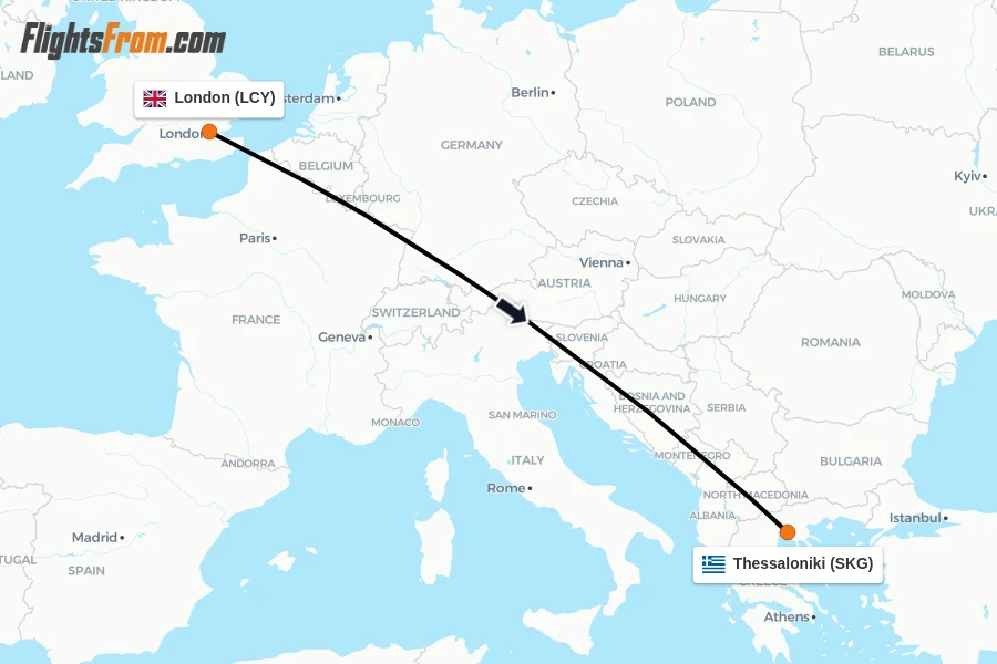 Flights from London to Thessaloniki route map