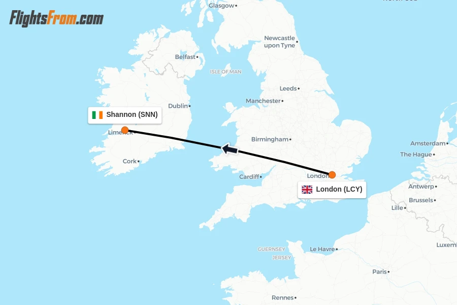 Flights from London to Shannon route map