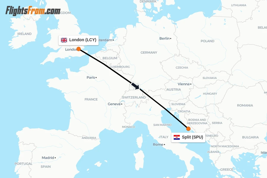 Flights from London to Split route map