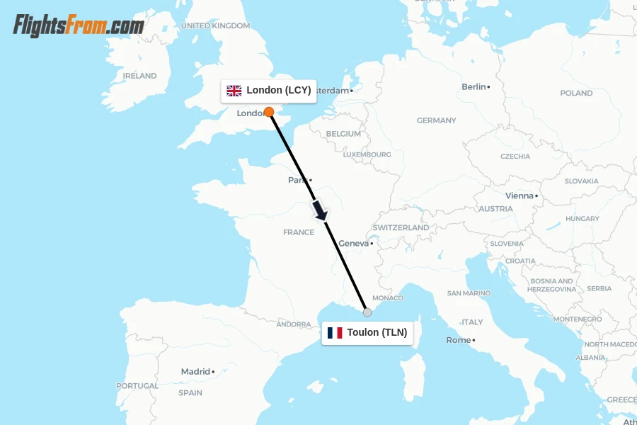 Flights from London to Toulon route map