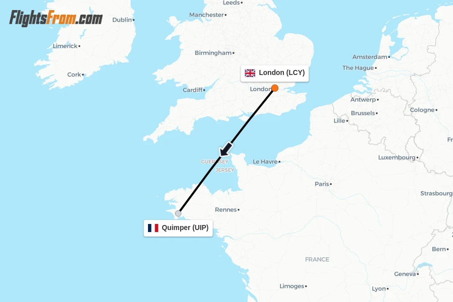 Flights from London to Quimper route map