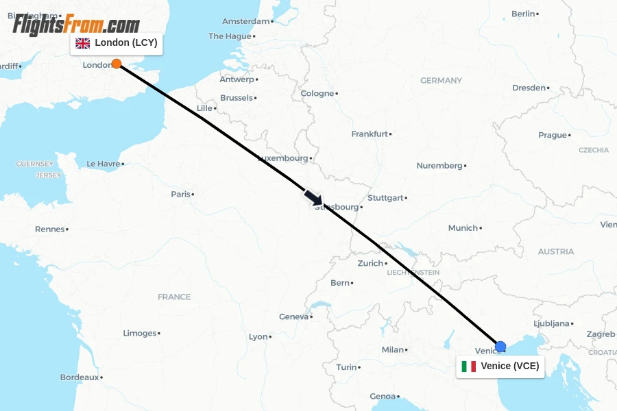 Flights from London to Venice route map