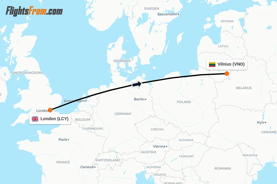 Flights from London to Vilnius route map