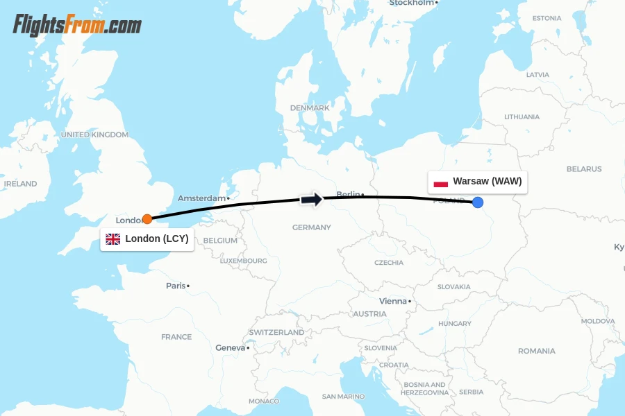 Flights from London to Warsaw route map