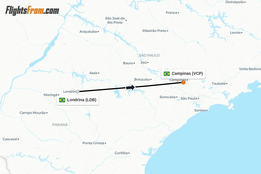 Flights from Londrina to Campinas route map