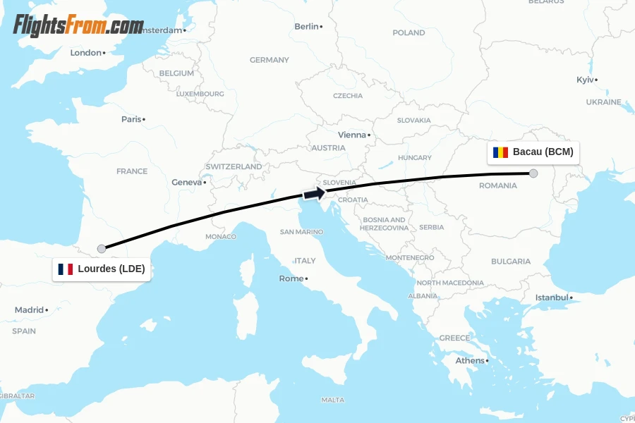 Flights from Lourdes to Bacau route map