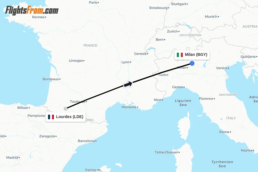 Flights from Lourdes to Milan route map
