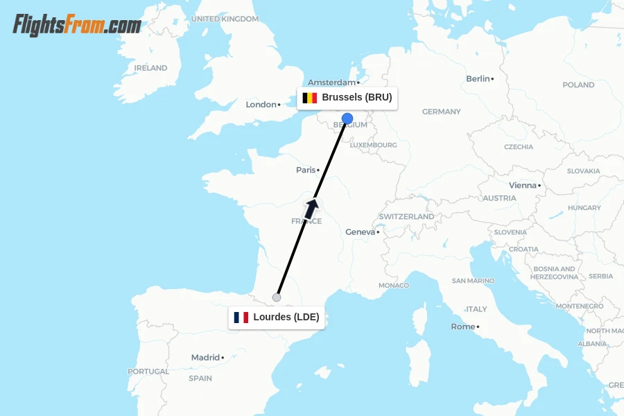 Flights from Lourdes to Brussels route map