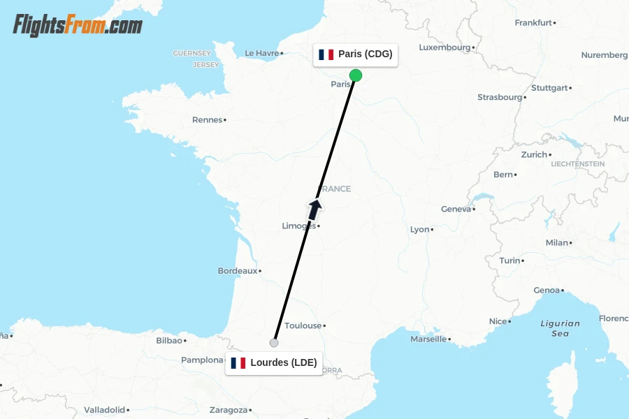 Flights from Lourdes to Paris route map