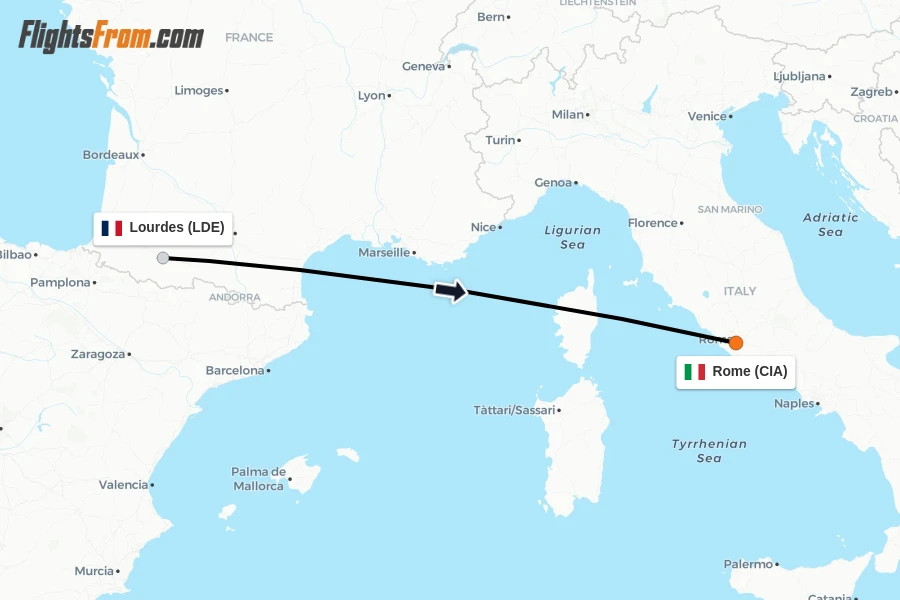 Flights from Lourdes to Rome route map