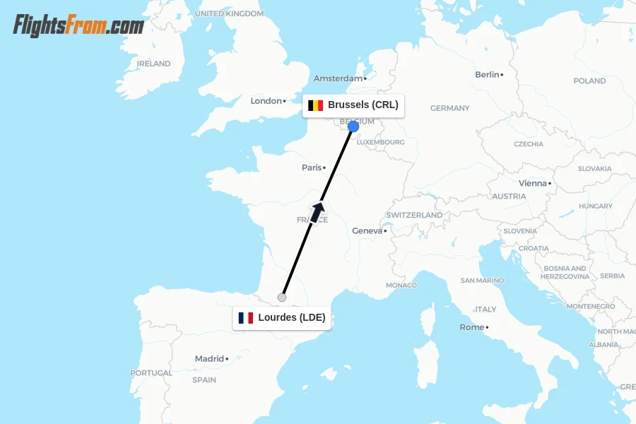 Flights from Lourdes to Brussels route map