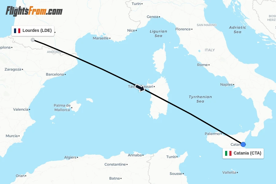 Flights from Lourdes to Catania route map