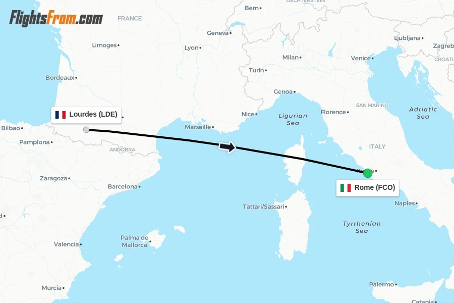 Flights from Lourdes to Rome route map