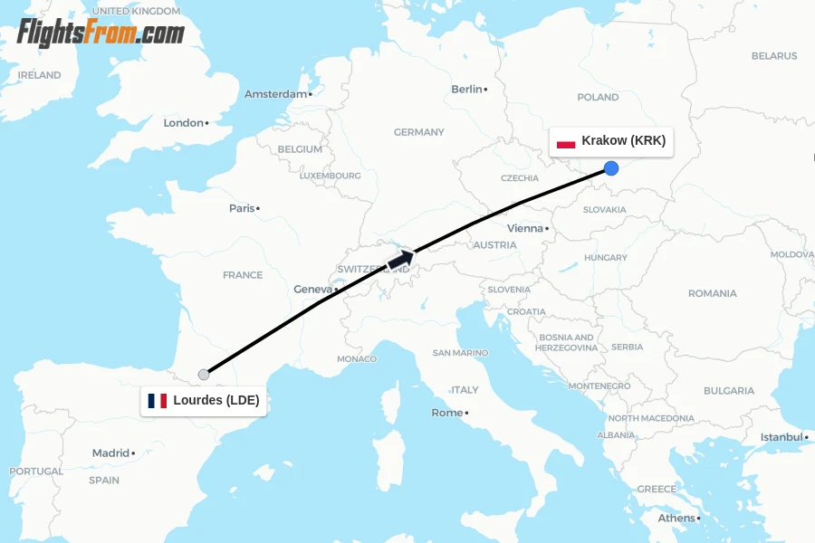 Flights from Lourdes to Krakow route map