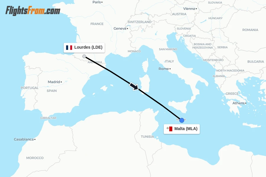 Flights from Lourdes to Malta route map