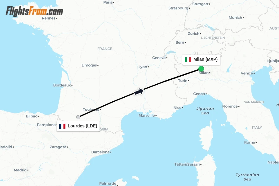 Flights from Lourdes to Milan route map