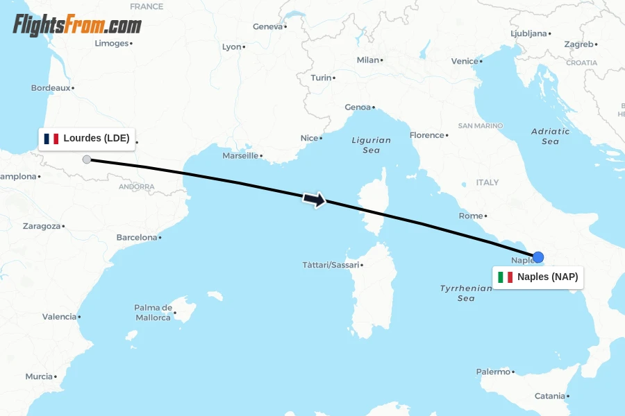 Flights from Lourdes to Naples route map