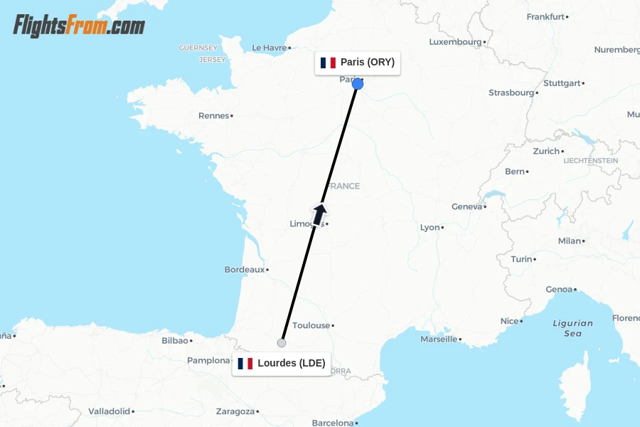 Flights from Lourdes to Paris route map