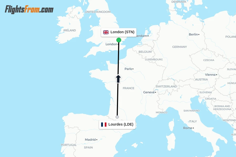 Flights from Lourdes to London route map