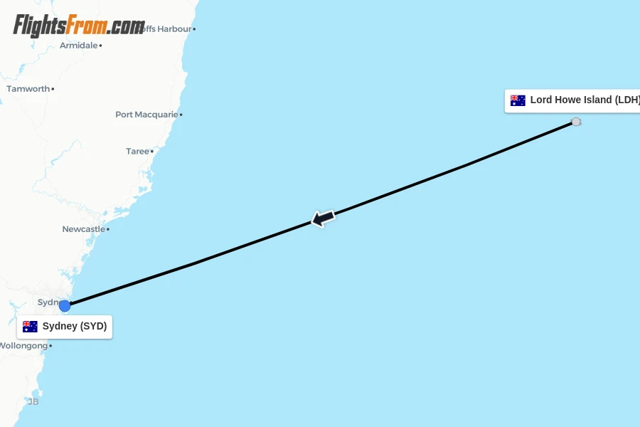 Flights from Lord Howe Island to Sydney route map
