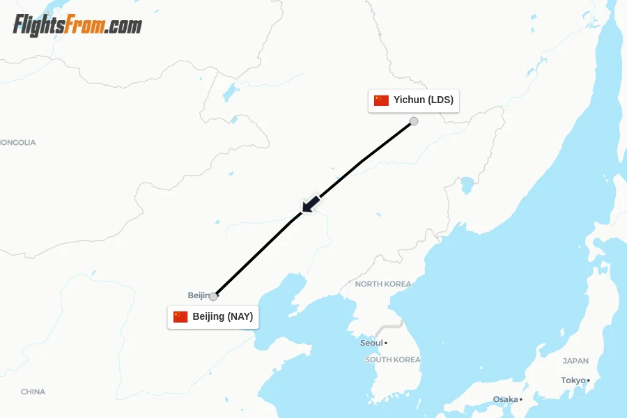 Flights from Yichun to Beijing route map