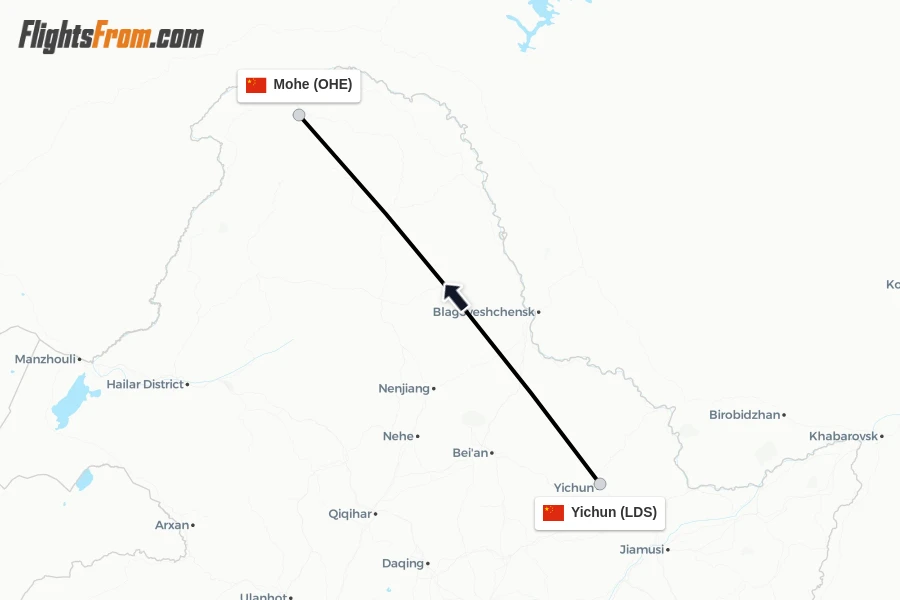 Flights from Yichun to Mohe route map