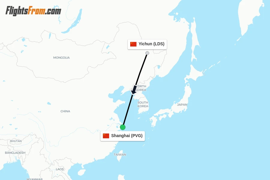 Flights from Yichun to Shanghai route map