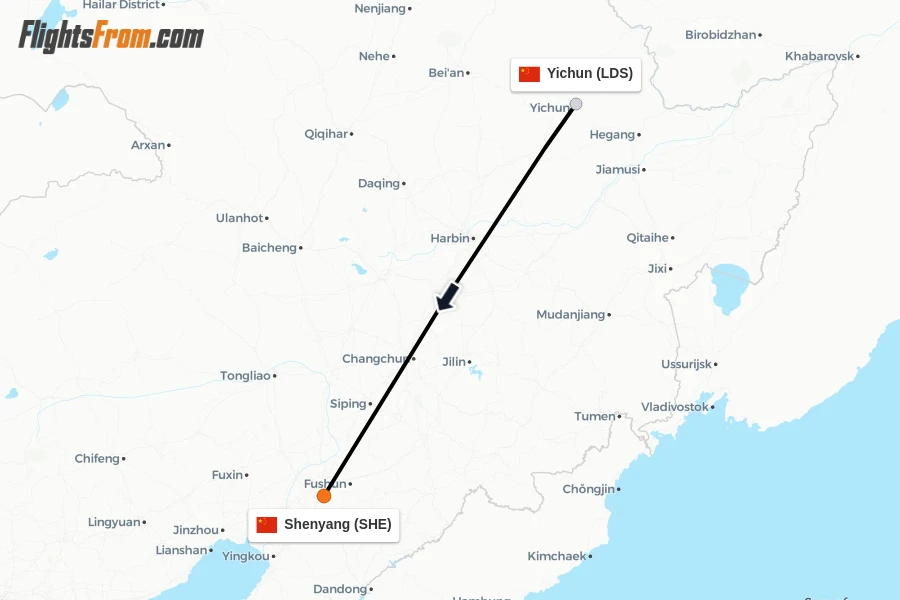 Flights from Yichun to Shenyang route map