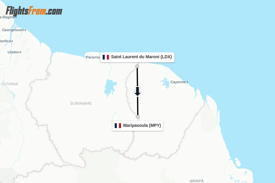 Flights from Saint Laurent du Maroni to Maripasoula route map