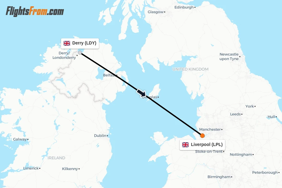 Flights from Derry to Liverpool route map