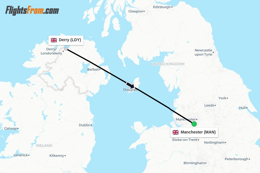 Flights from Derry to Manchester route map