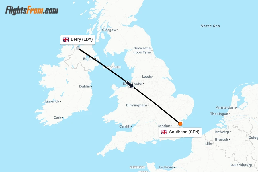 Flights from Derry to Southend route map