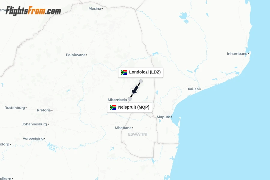 Flights from Londolozi to Nelspruit route map