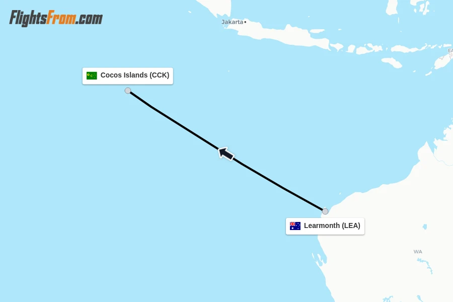 Flights from Learmonth to Cocos Islands route map