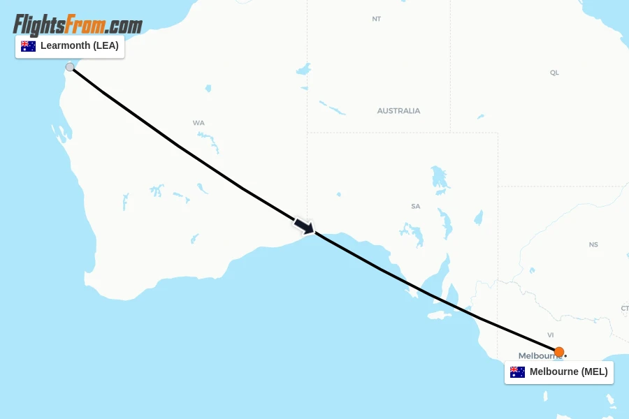 Flights from Learmonth to Melbourne route map