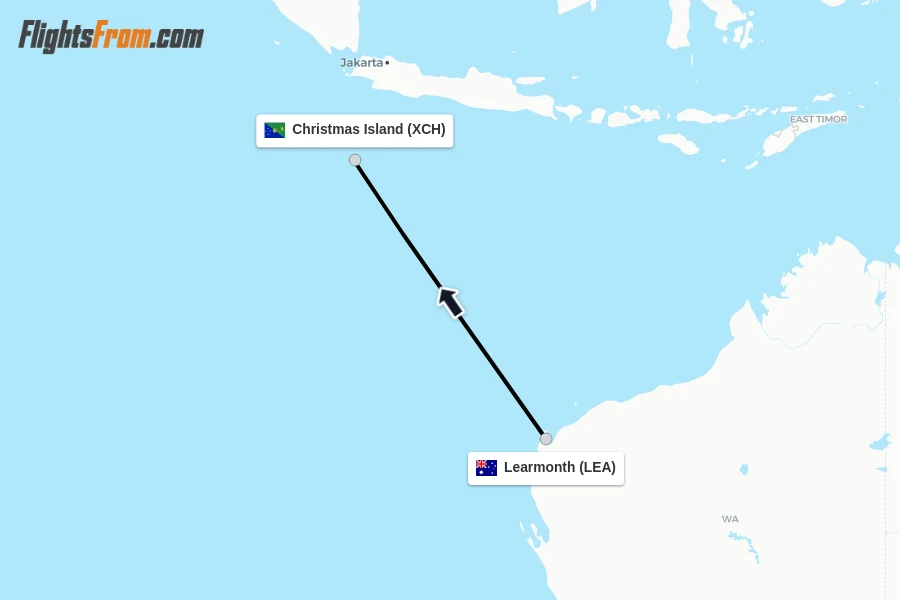 Flights from Learmonth to Christmas Island route map