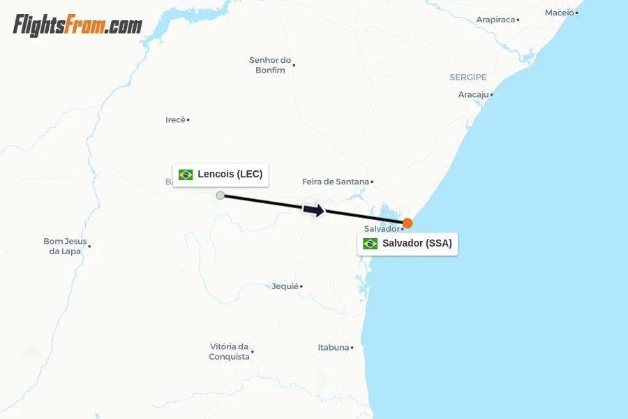 Flights from Lencois to Salvador route map
