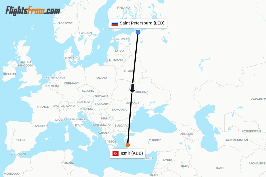 Flights from Saint Petersburg to Izmir route map