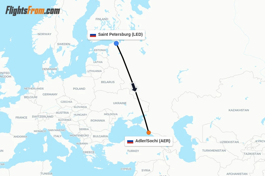 Flights from Saint Petersburg to Adler/Sochi route map