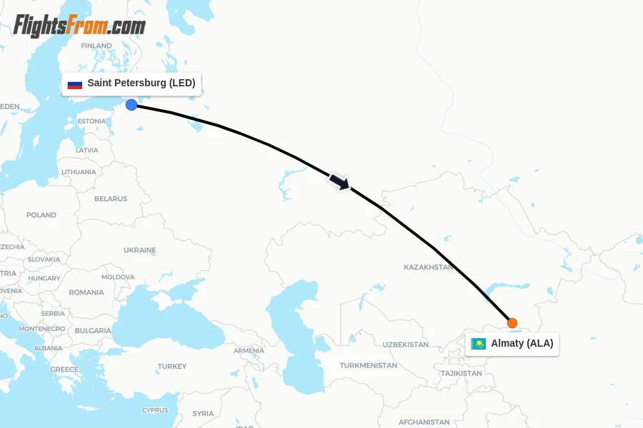Flights from Saint Petersburg to Almaty route map
