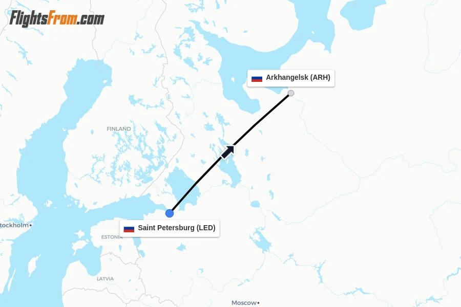 Flights from Saint Petersburg to Arkhangelsk route map