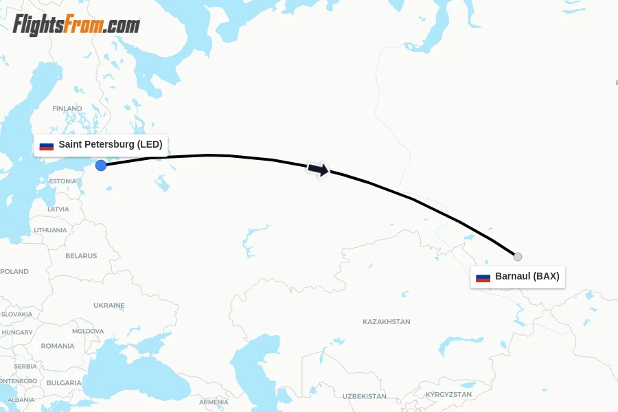 Flights from Saint Petersburg to Barnaul route map