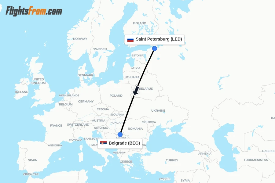Flights from Saint Petersburg to Belgrade route map