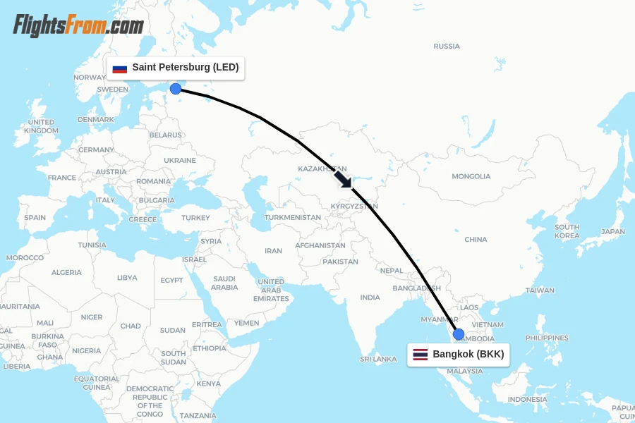 Flights from Saint Petersburg to Bangkok route map