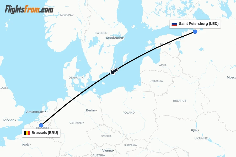 Flights from Saint Petersburg to Brussels route map