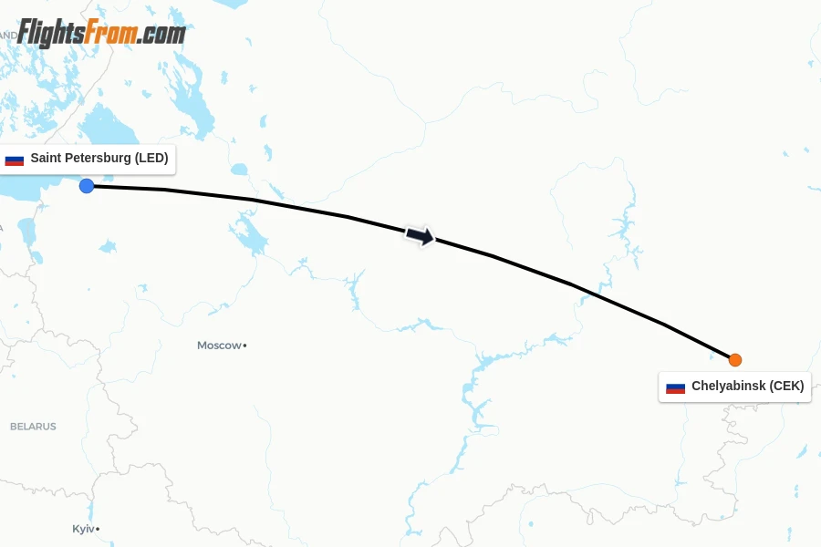 Flights from Saint Petersburg to Chelyabinsk route map