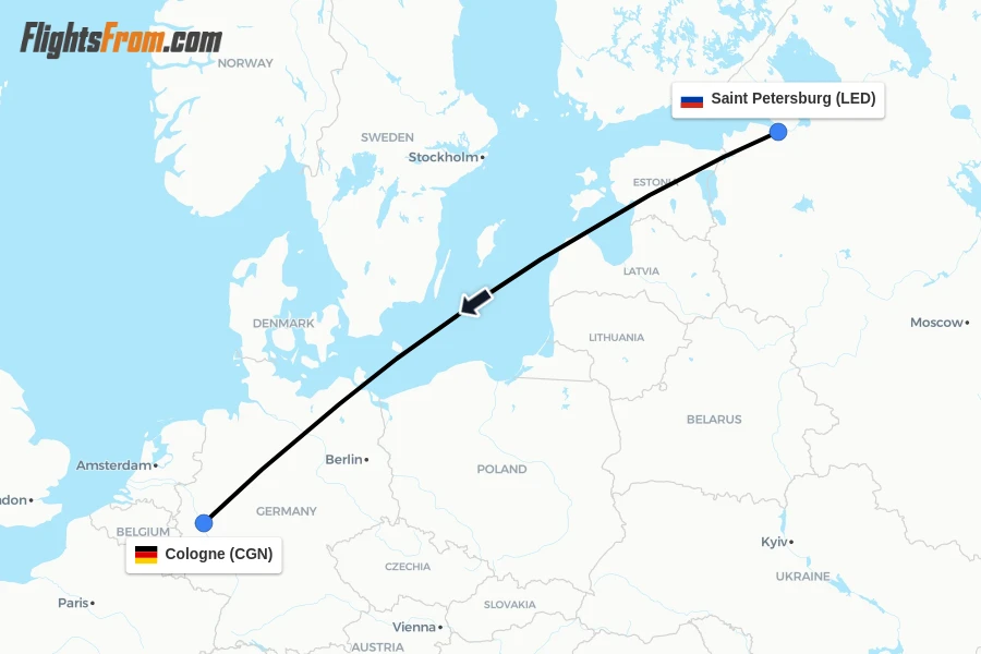 Flights from Saint Petersburg to Cologne route map