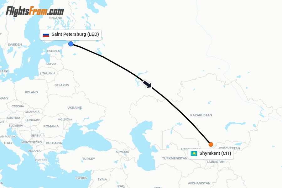 Flights from Saint Petersburg to Shymkent route map