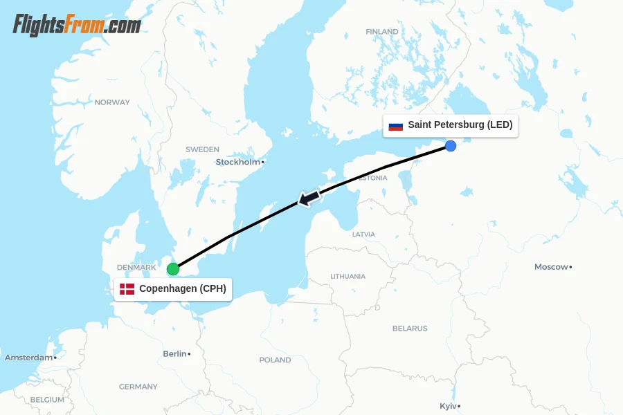 Flights from Saint Petersburg to Copenhagen route map