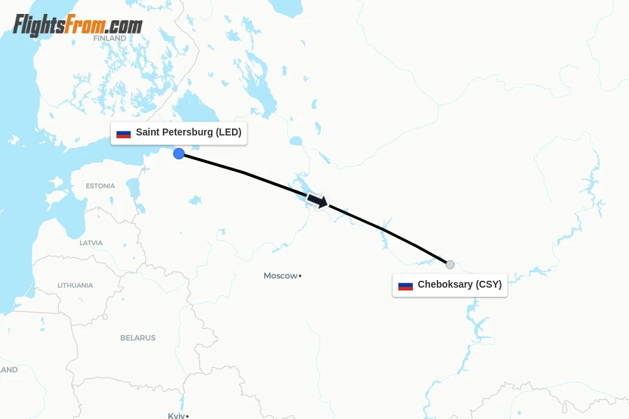 Flights from Saint Petersburg to Cheboksary route map